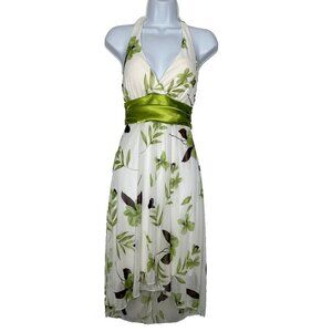 Vintage Y2K Halter Dress Juniors Small White Green Floral Fairy Babydoll Party